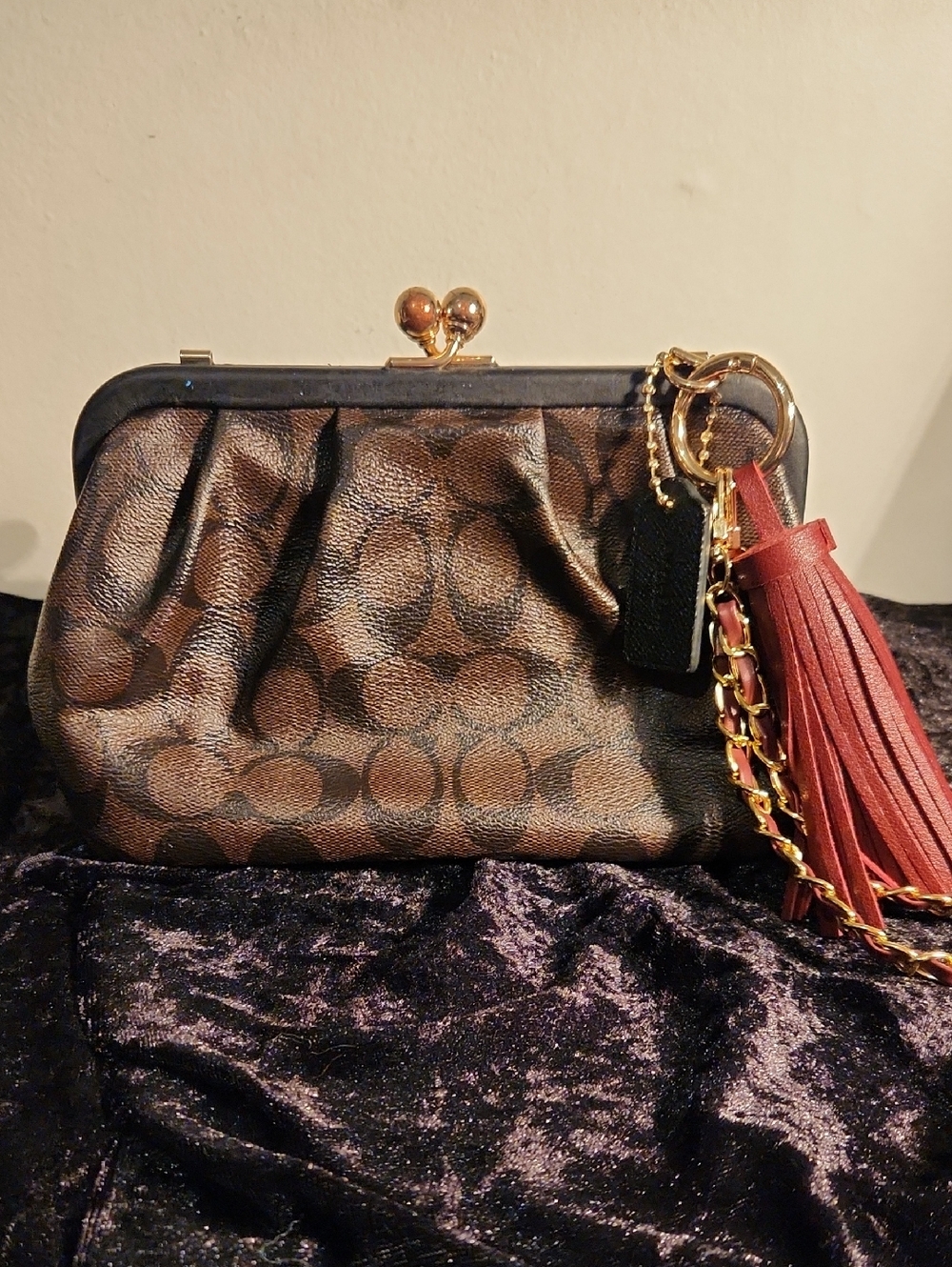 Coach Signature Brown Leather Kiss-Lock Wristlet with Tassel